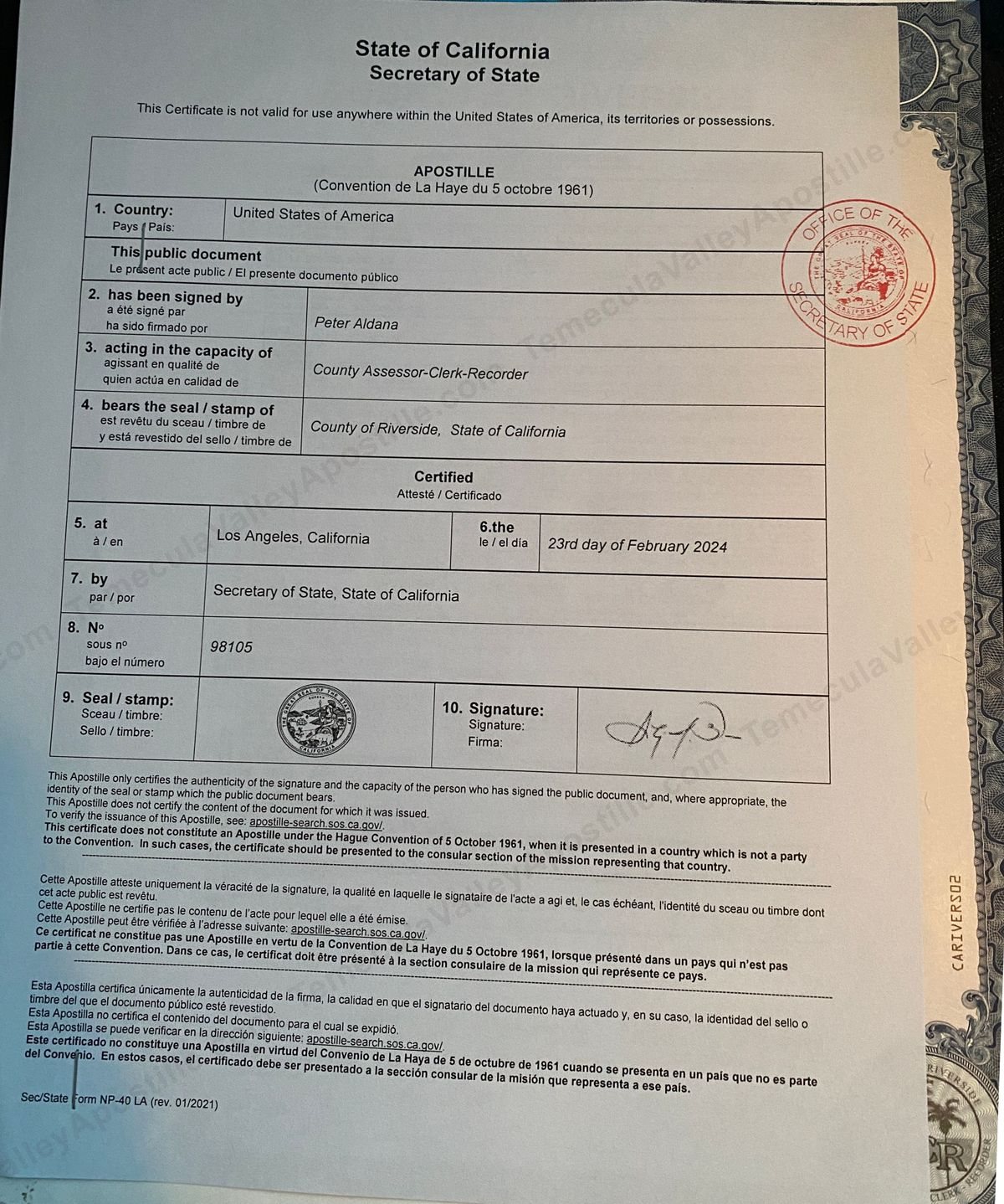 Real California apostille certificate signed by Peter Aldana, Riverside County, certified by the California Secretary of State